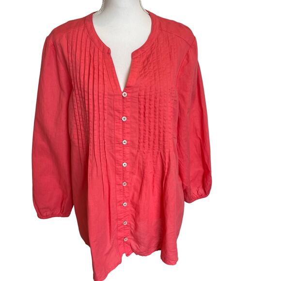 Chico's Blouse Top Shirt Pintucked Sz 3 XL 16/18 Pink Salmon Linen Blend Pleats - Picture 1 of 10